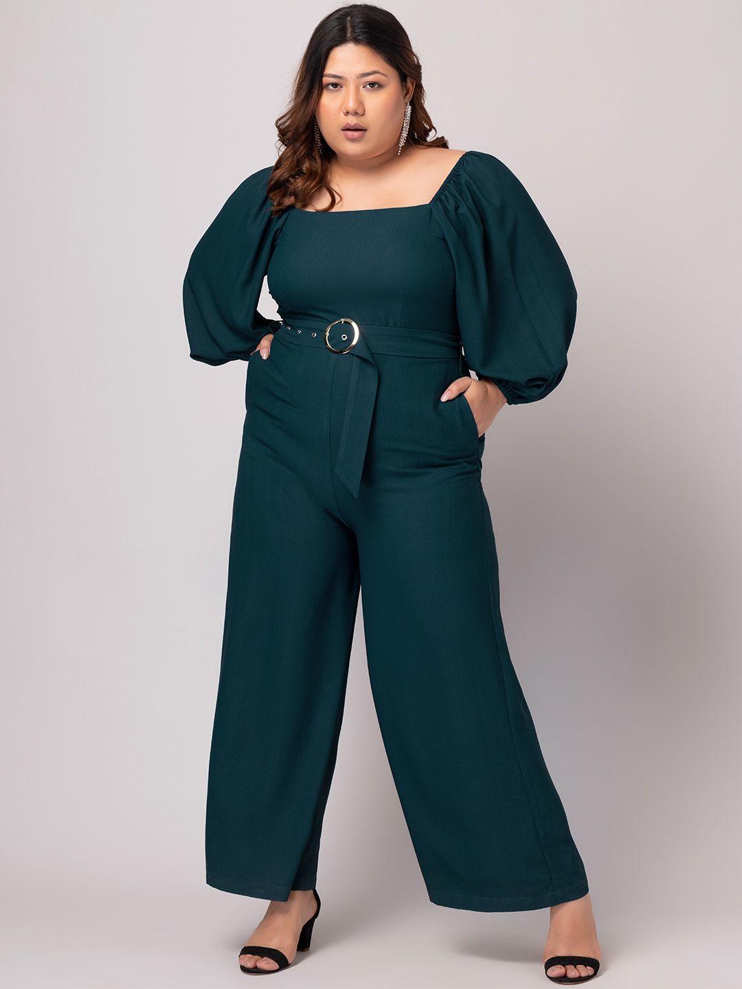 faballey curve plus size square neck puff sleeves basic jumpsuit with belt