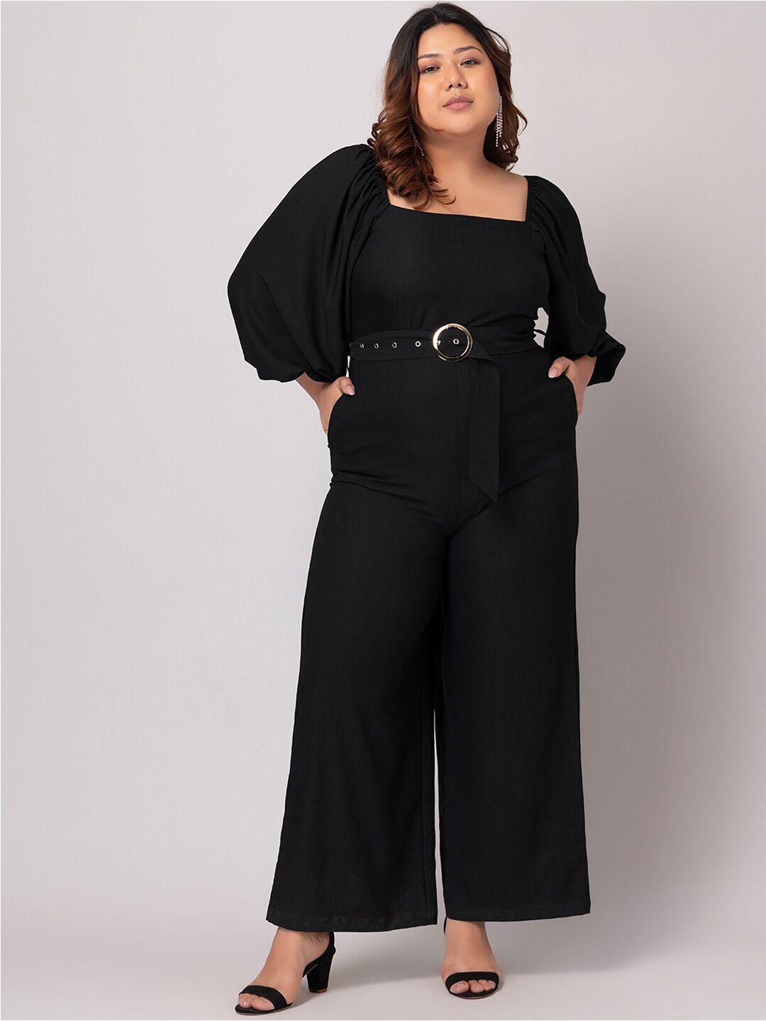 faballey curve plus size square neck puff sleeves culotte jumpsuit with belt