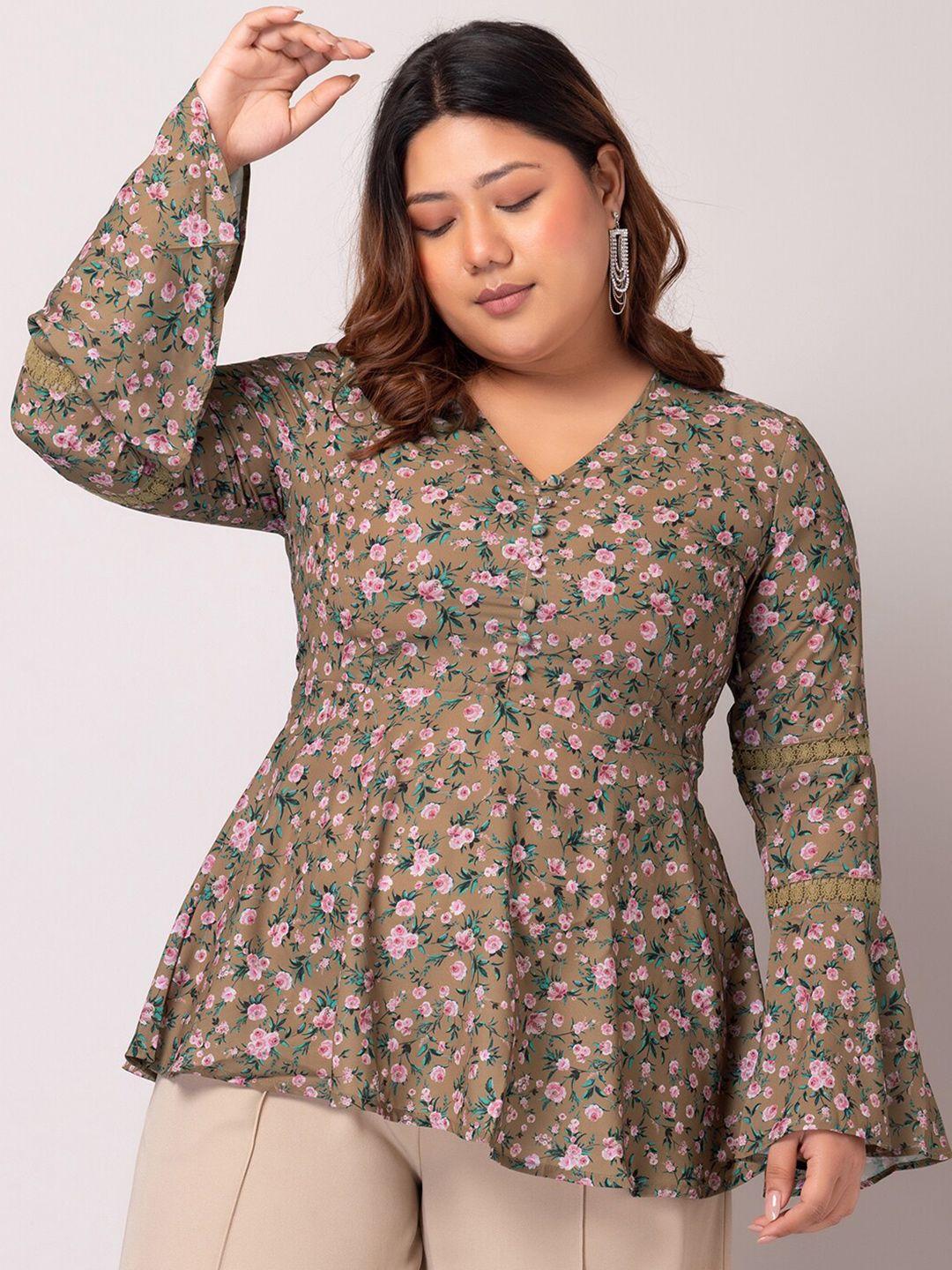 faballey curve plus size v-neck bell sleeves floral printed crepe peplum top