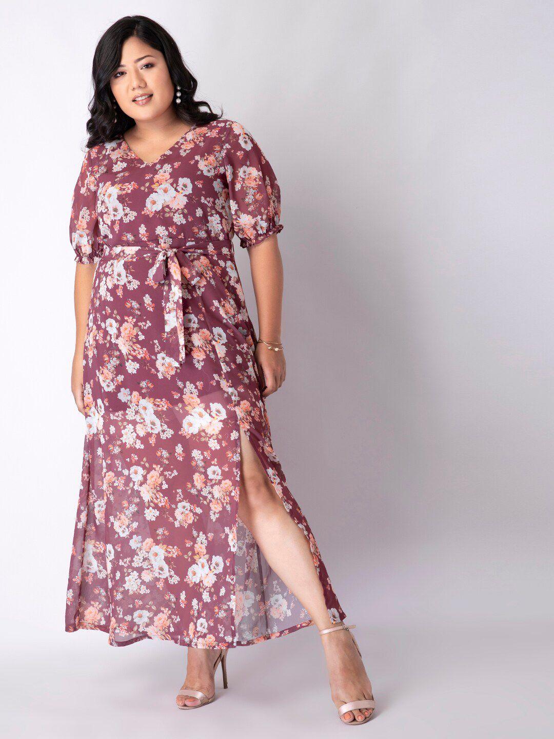 faballey curve plus size women maroon & white floral printed maxi dress