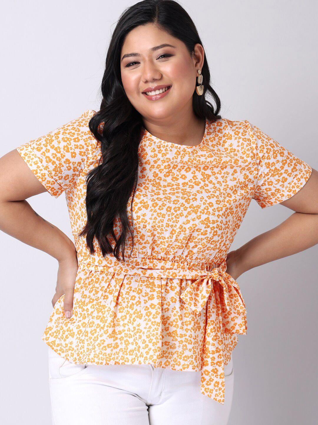 faballey curve plus size yellow floral print crepe cinched waist top