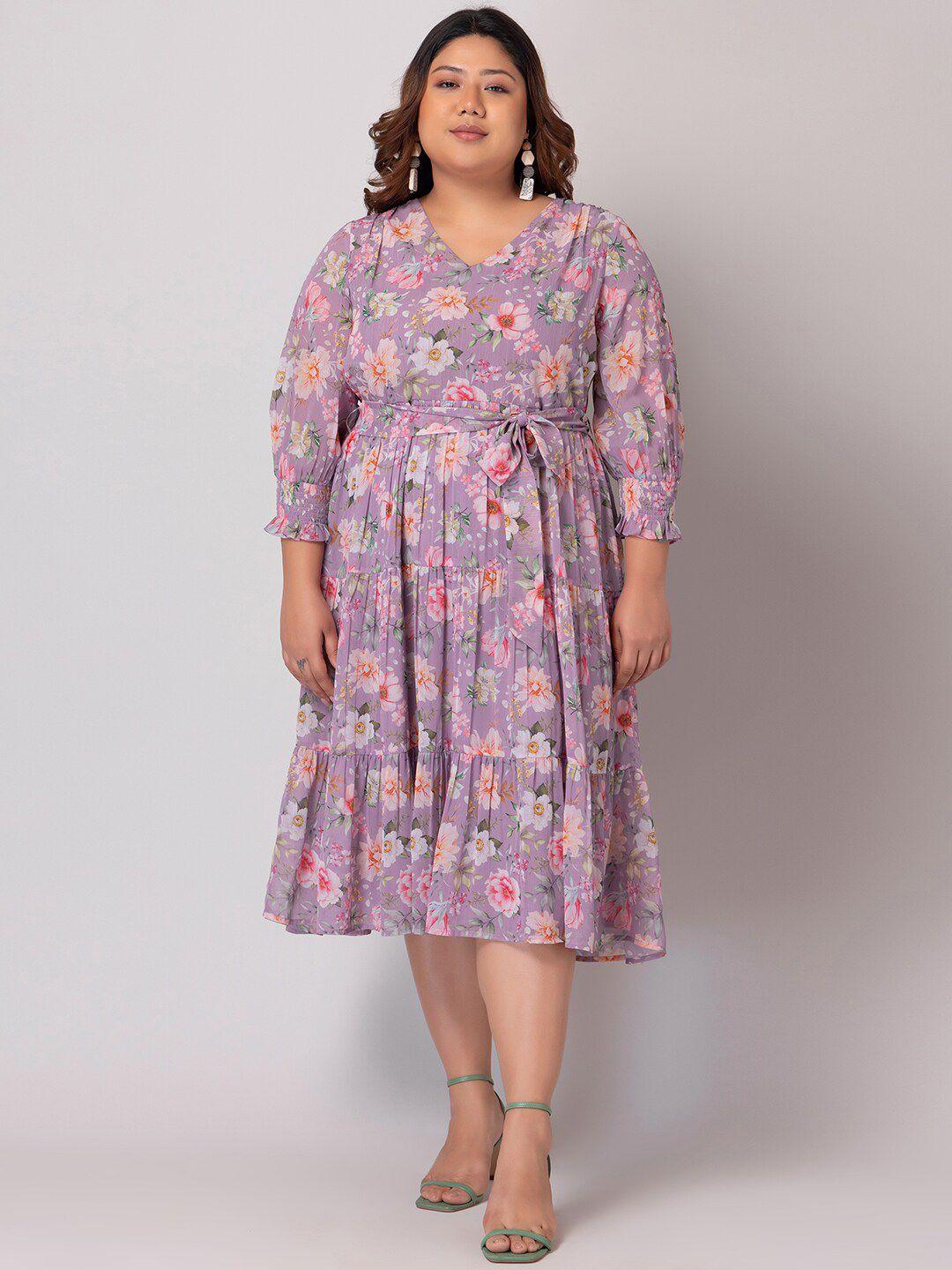 faballey curve purple floral print puff sleeve georgette fit & flare midi dress