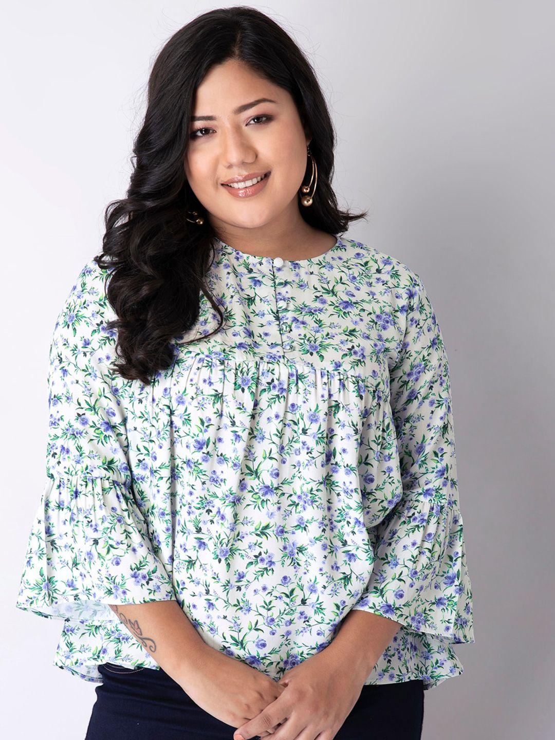 faballey curve white & green floral printed georgette top