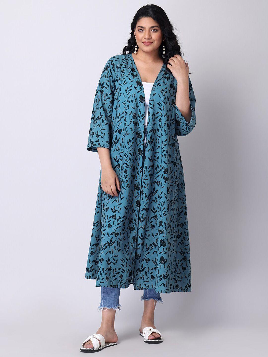 faballey curve women plus size blue & black printed longline shrug