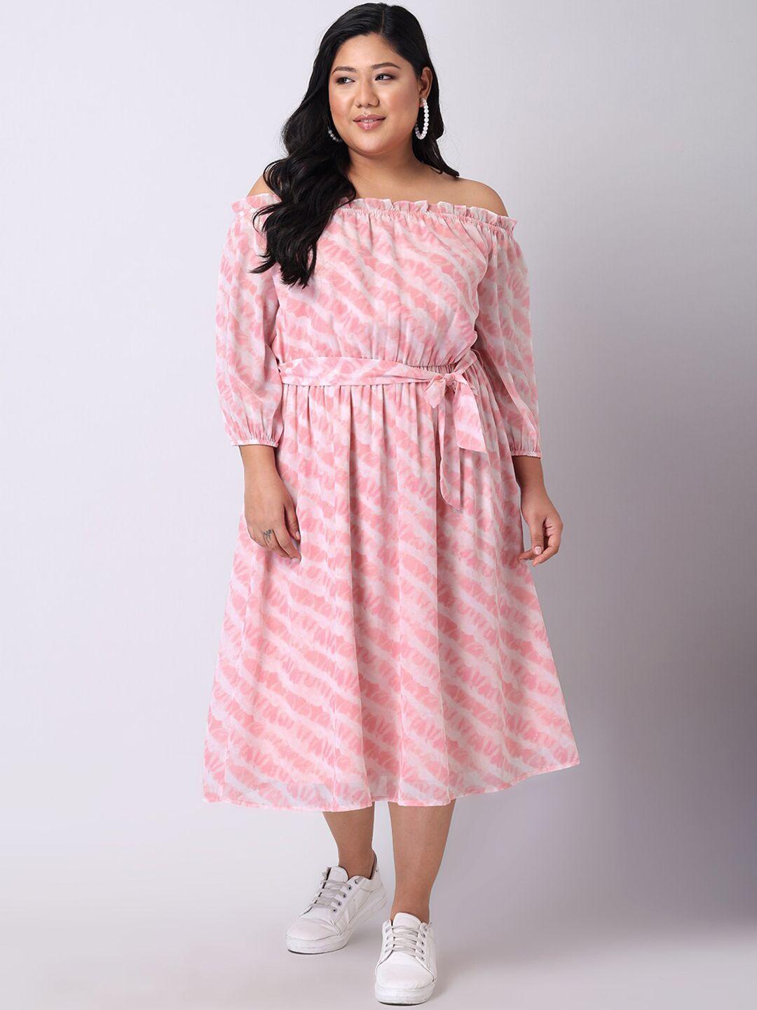 faballey curve women plus size pink striped off-shoulder georgette midi dress