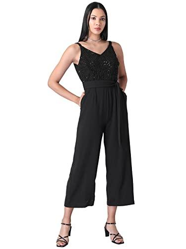 faballey department359 crepe a-line regular black shimmer strappy belted jumpsuit (drs04673 xl)