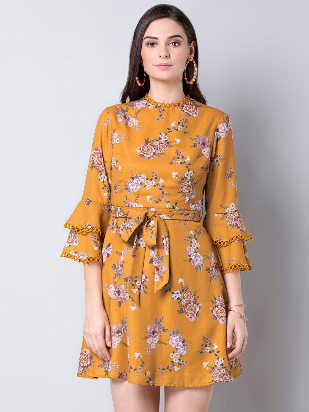 faballey floral printed bell sleeves belted georgette a-line dress