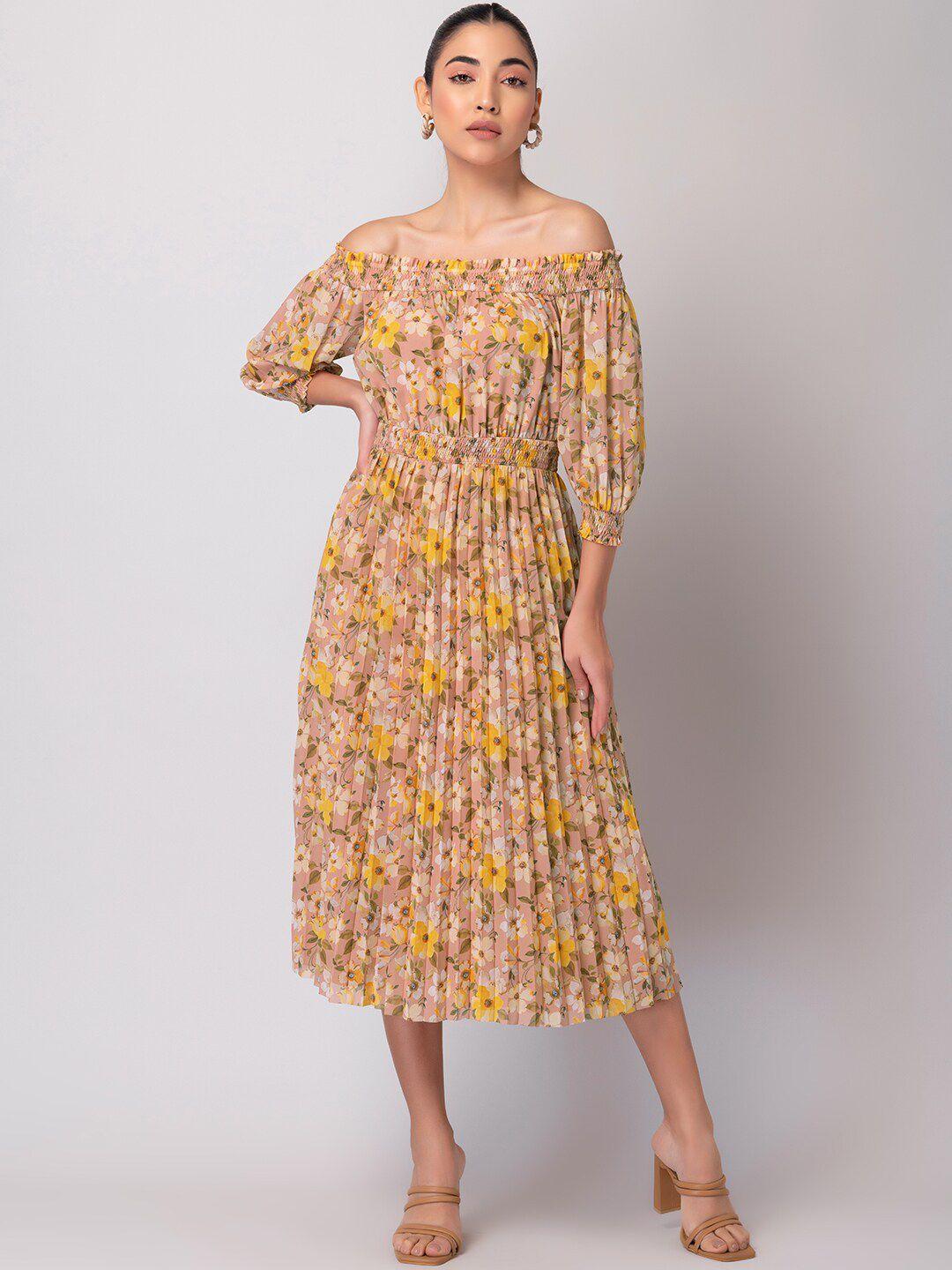 faballey floral printed off-shoulder puff sleeves georgette midi dress