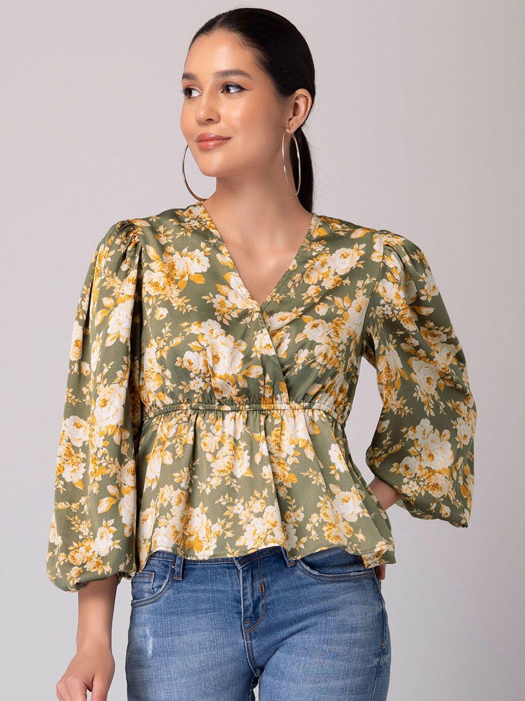 faballey floral printed puff sleeve peplum top