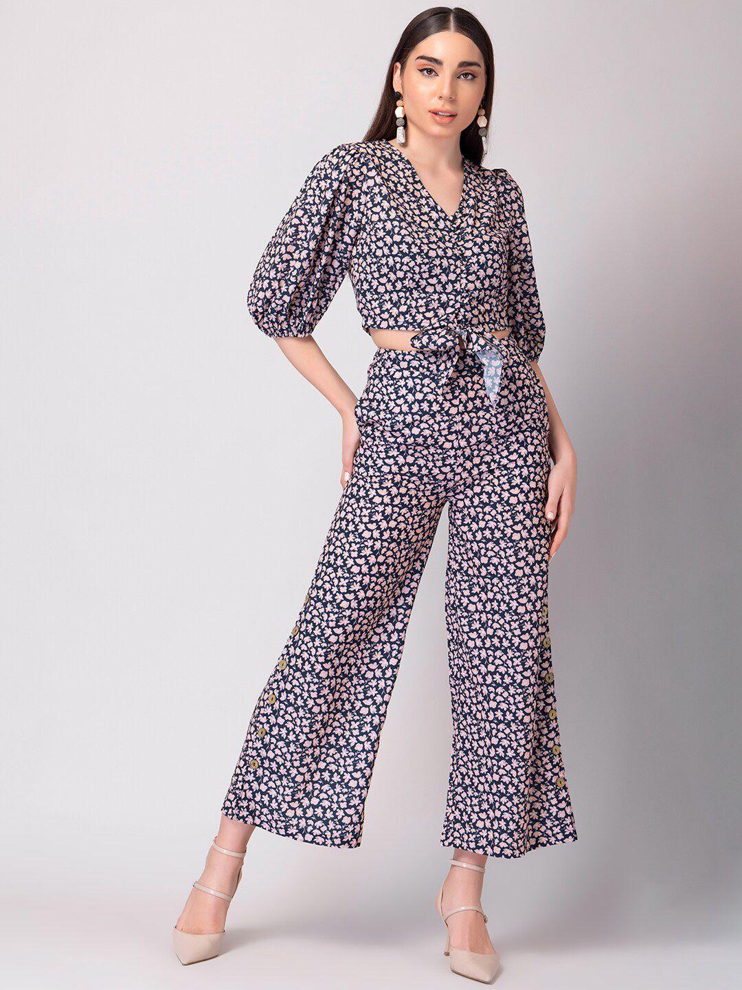 faballey floral tie-up detail printed top & trousers