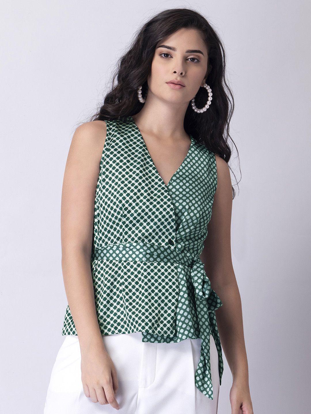 faballey green & white print satin wrap top