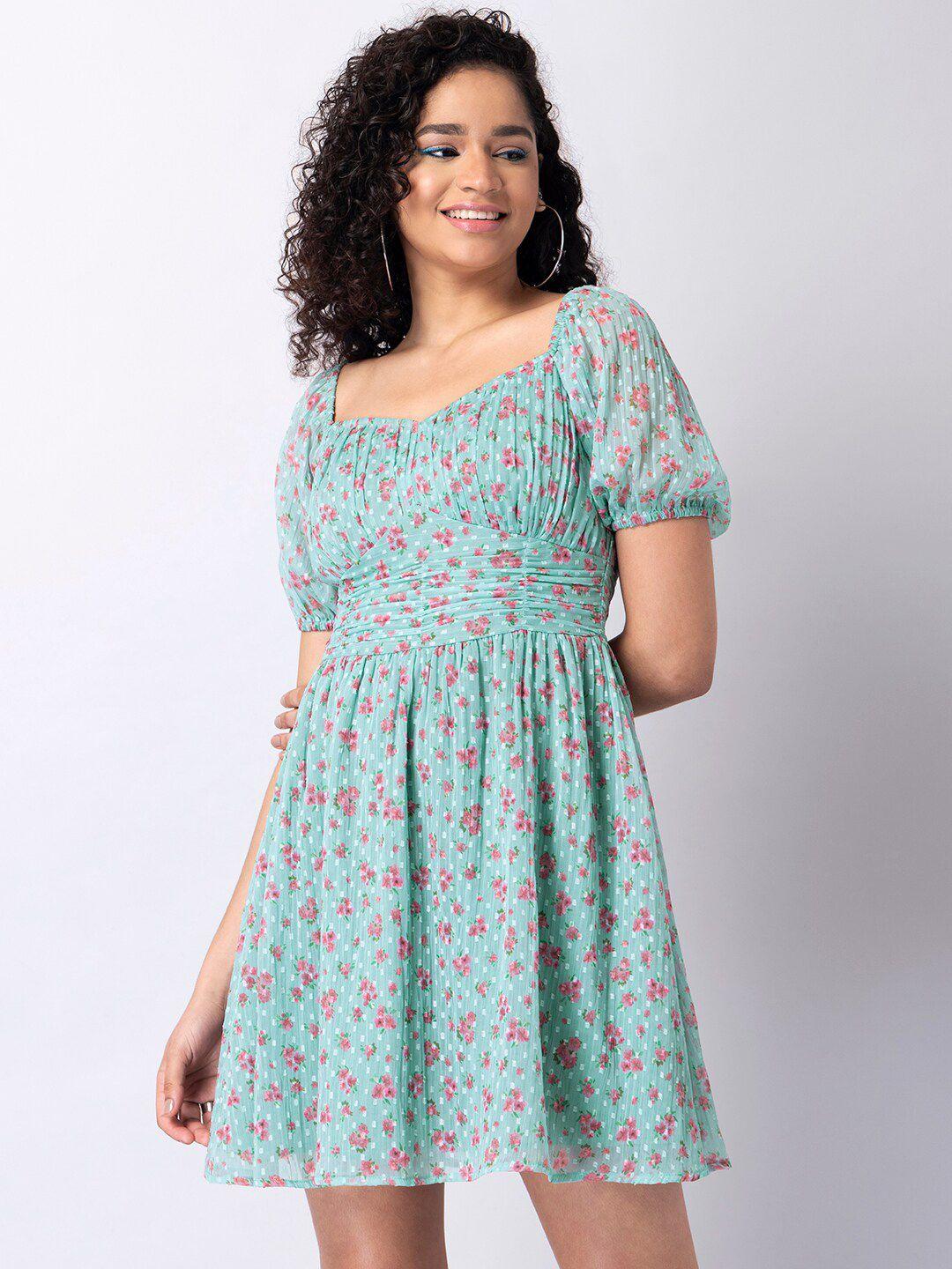 faballey green floral print sweetheart neck fit & flare dress