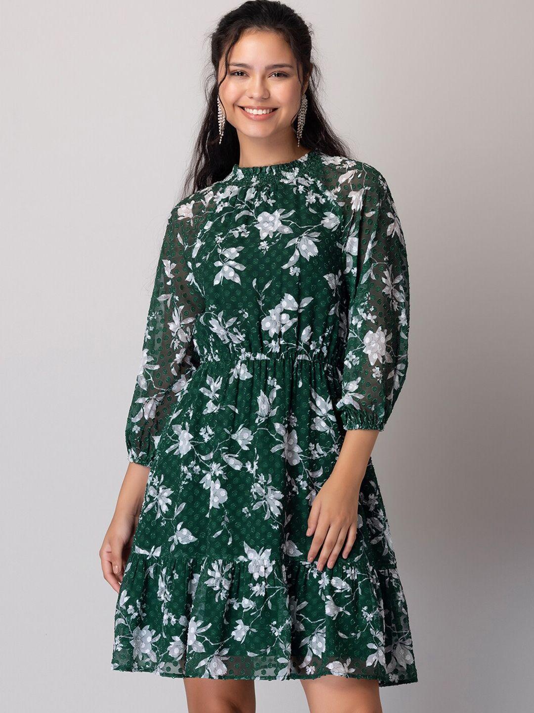 faballey green floral printed high neck smocked detail fit & flare dress