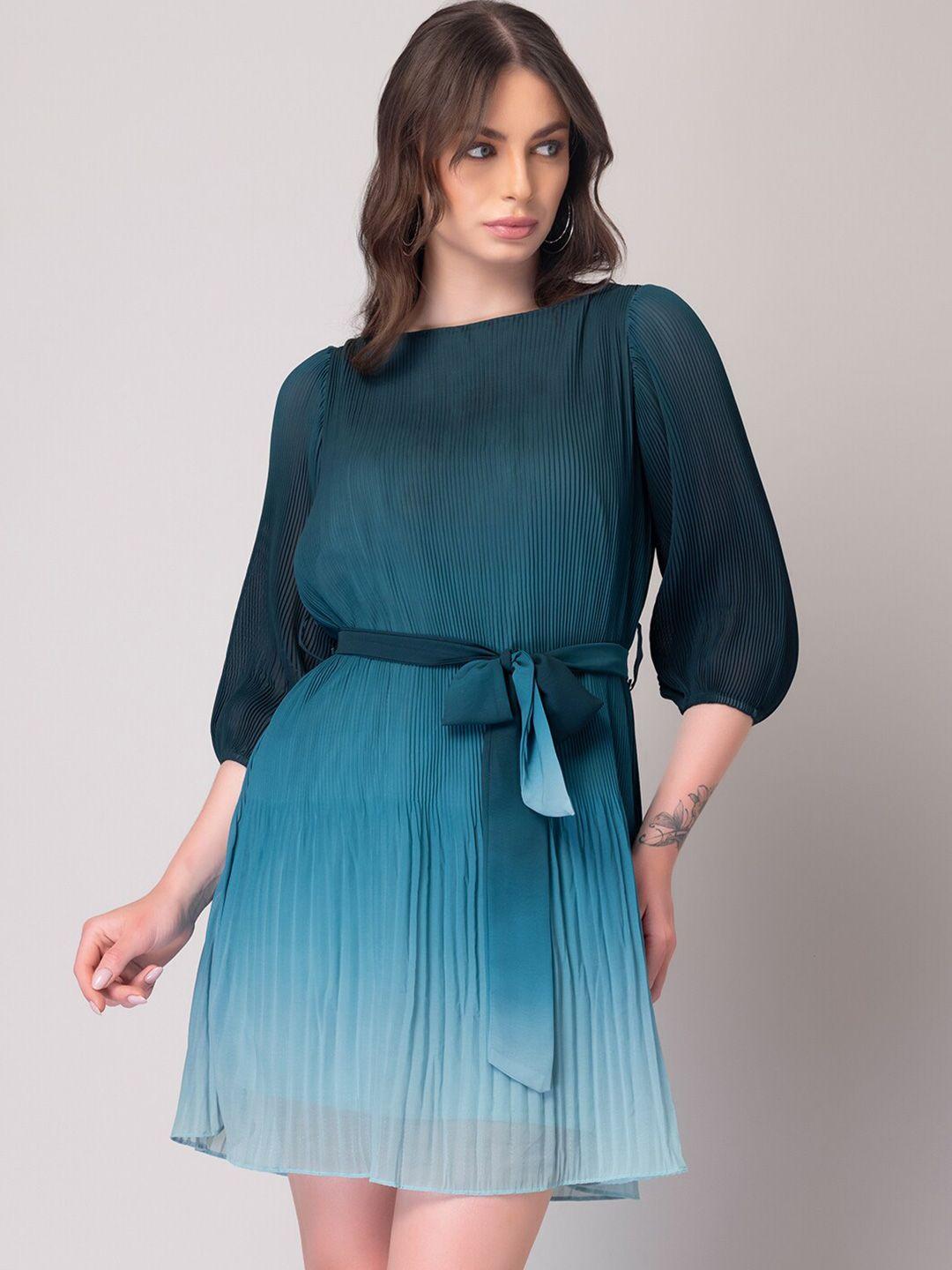 faballey green ombre accordion pleated boat neck puff sleeves a-line dress