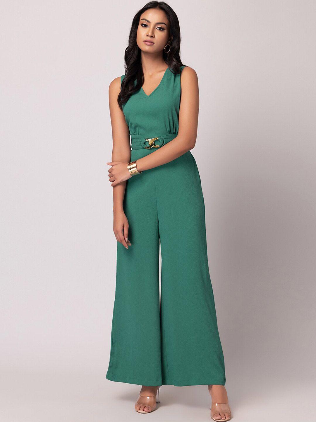 faballey green v-neck sleeveless basic jumpsuit