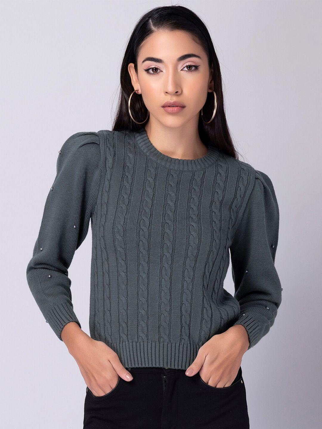 faballey grey cable knit embellished long sleeves acrylic pullover