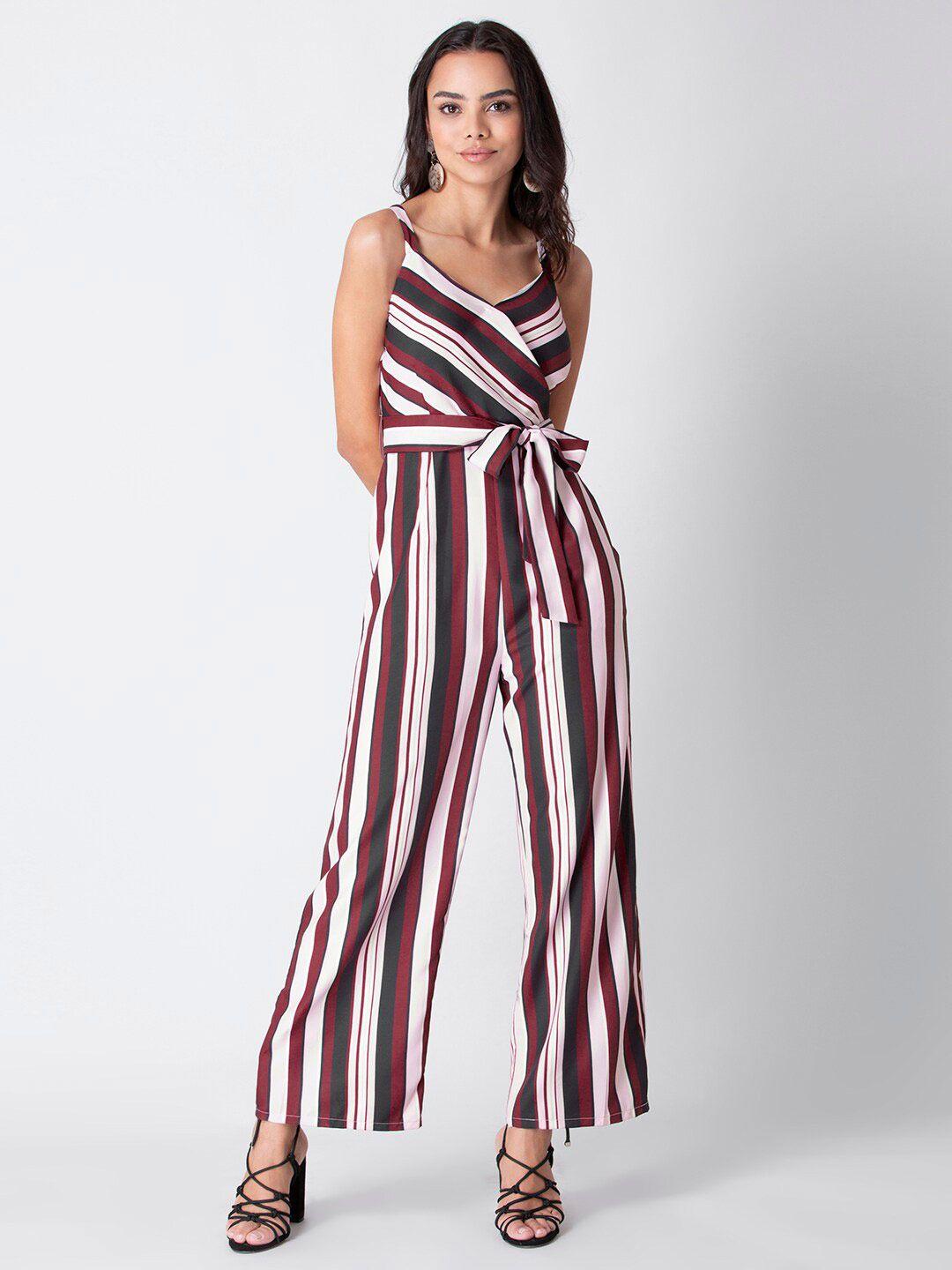 faballey maroon & white striped basic jumpsuit