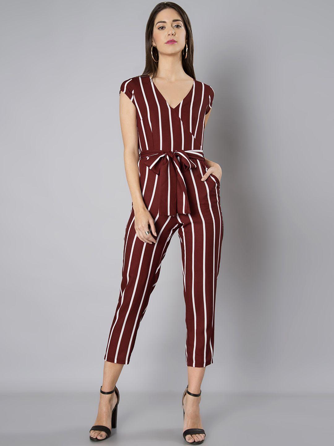 faballey maroon & white striped basic jumpsuit