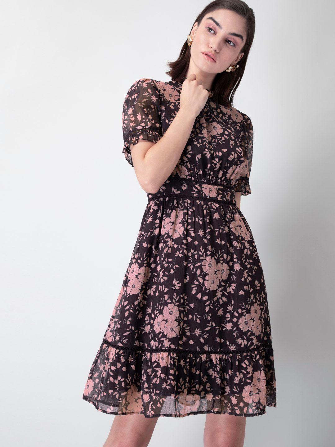 faballey maroon floral georgette dress