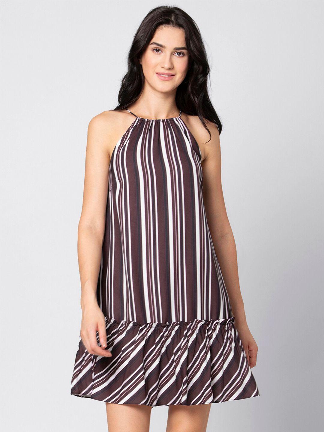 faballey maroon striped halter neck georgette drop-waist mini dress