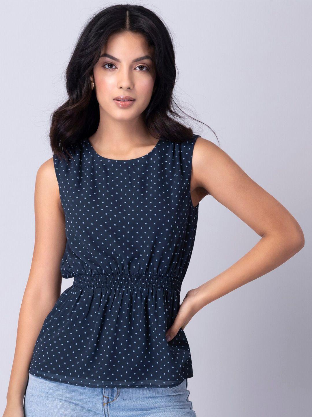 faballey navy blue print georgette cinched waist top