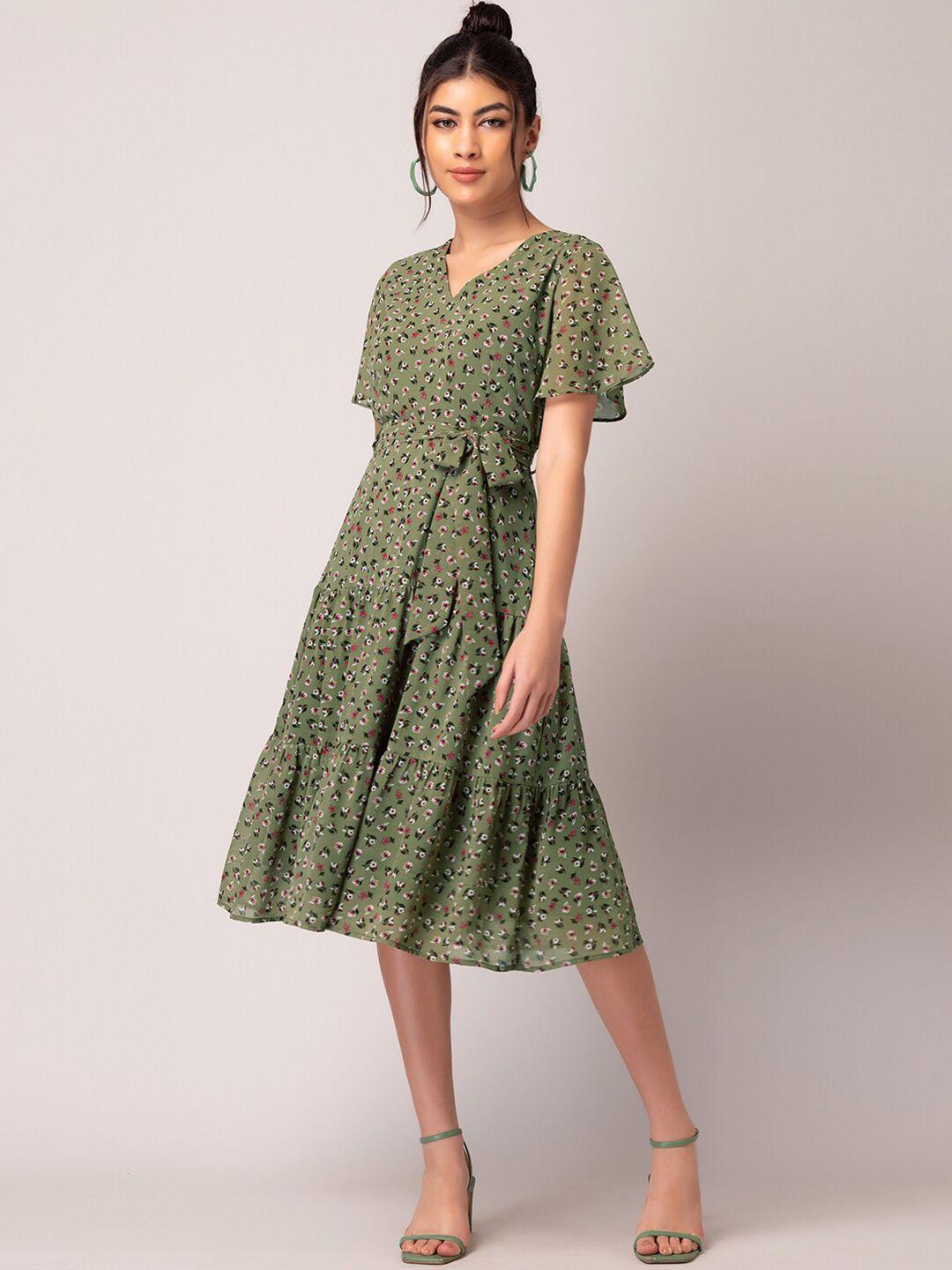 faballey olive green floral print fit & flare dress