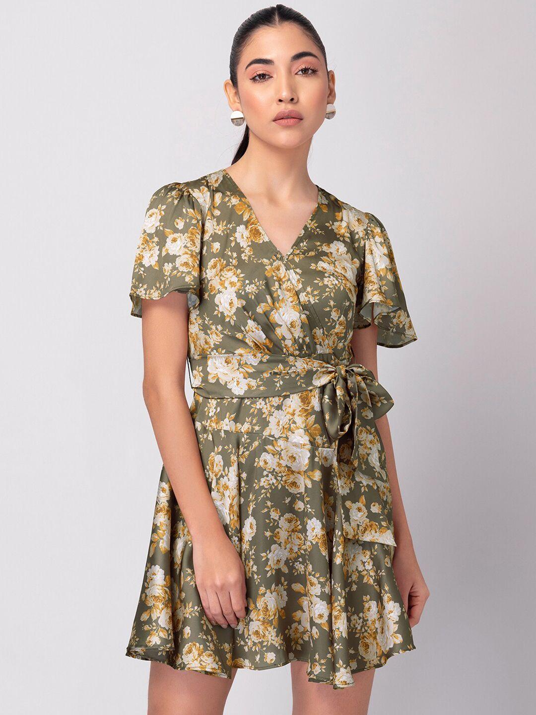 faballey olive green floral printed flared sleeves satin fit & flare mini dress with belt