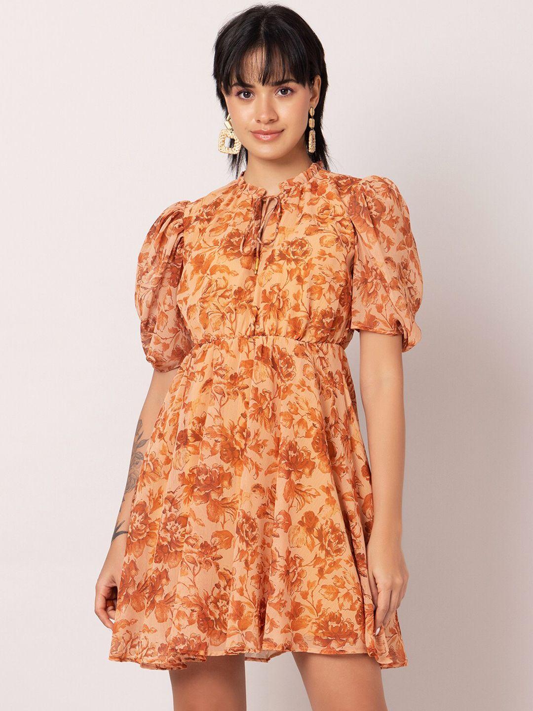 faballey orange print keyhole neck georgette mini dress