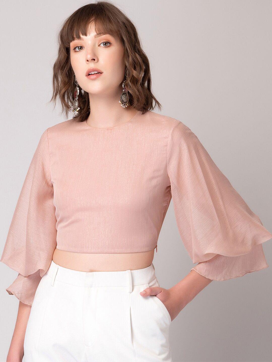 faballey peach-coloured flared sleeves crop regular top