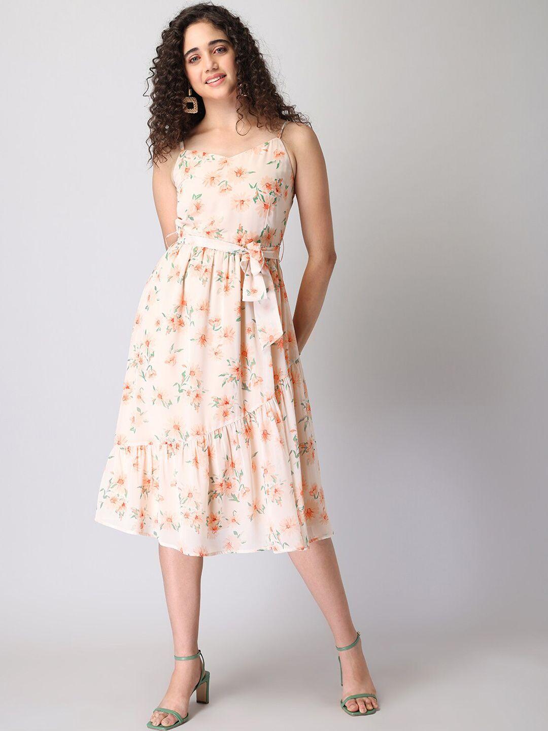 faballey peach-coloured floral print georgette fit & flare midi dress