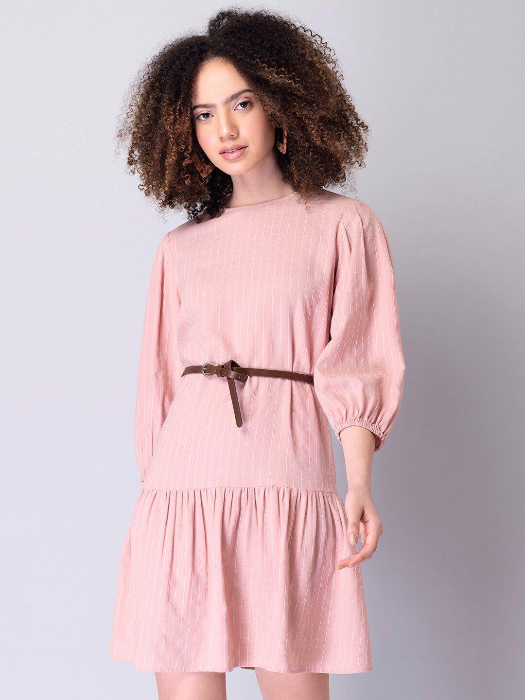 faballey peach-coloured striped cotton a-line dress