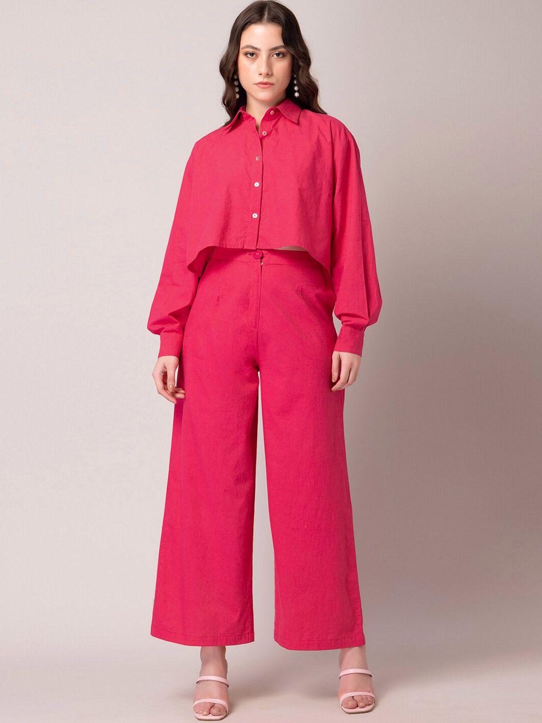 faballey pink cuffed sleeves crop shirt with trousers