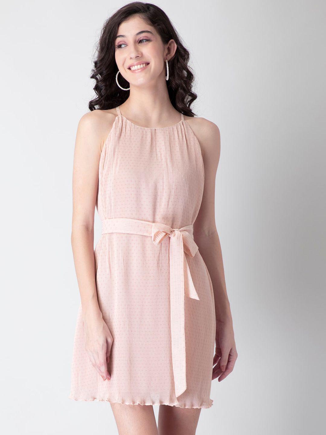 faballey pink pleated belted halter neck dress