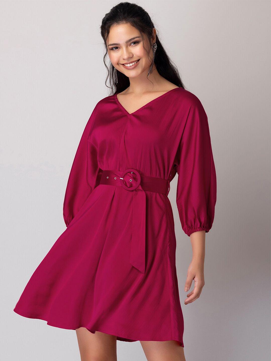 faballey pink puff sleeves v-neck fit & flare dress