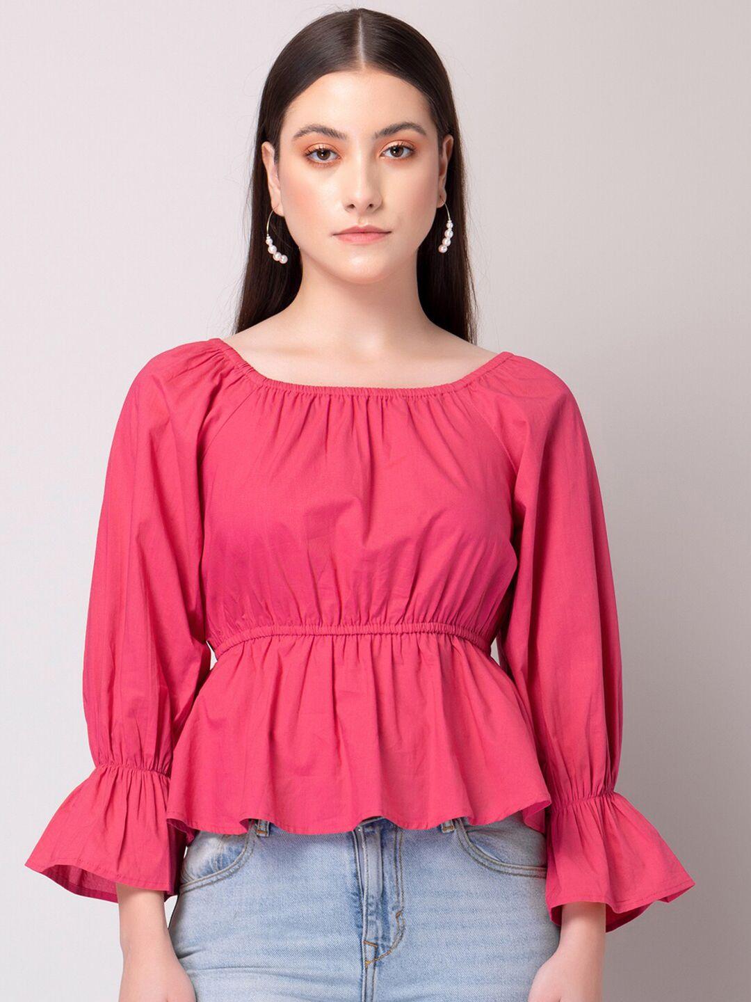 faballey pink tie-up neck puff sleeve cotton cinched waist top