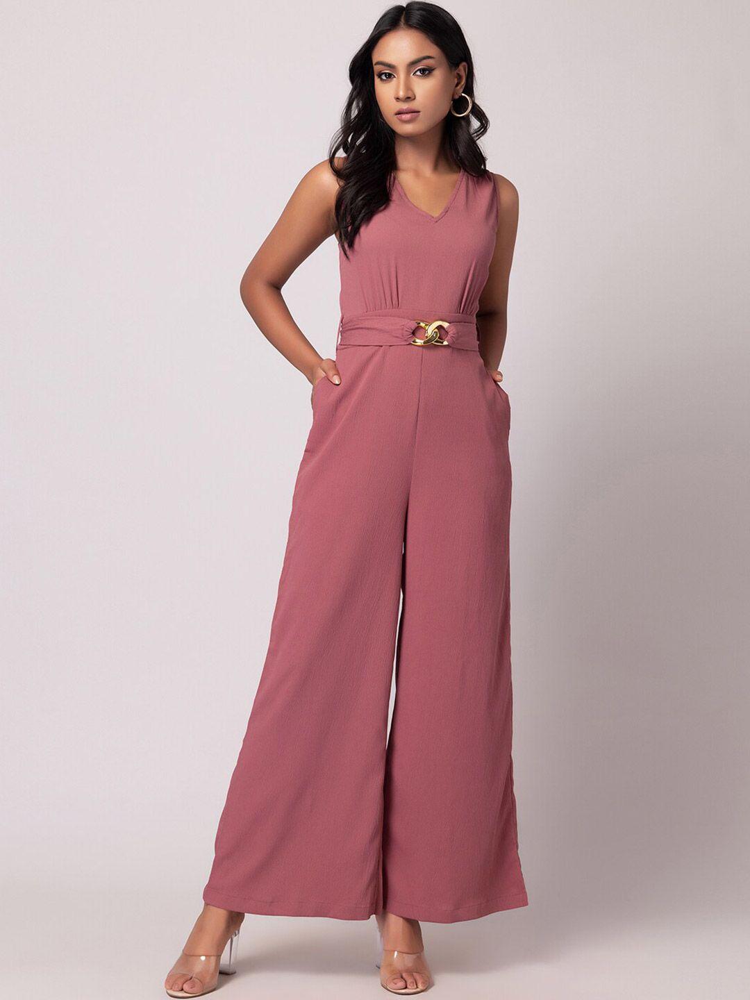 faballey pink v-neck sleeveless  basic jumpsuit with belt