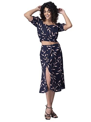 faballey polyester navy tropical smocked waist crop top and midi skirt set