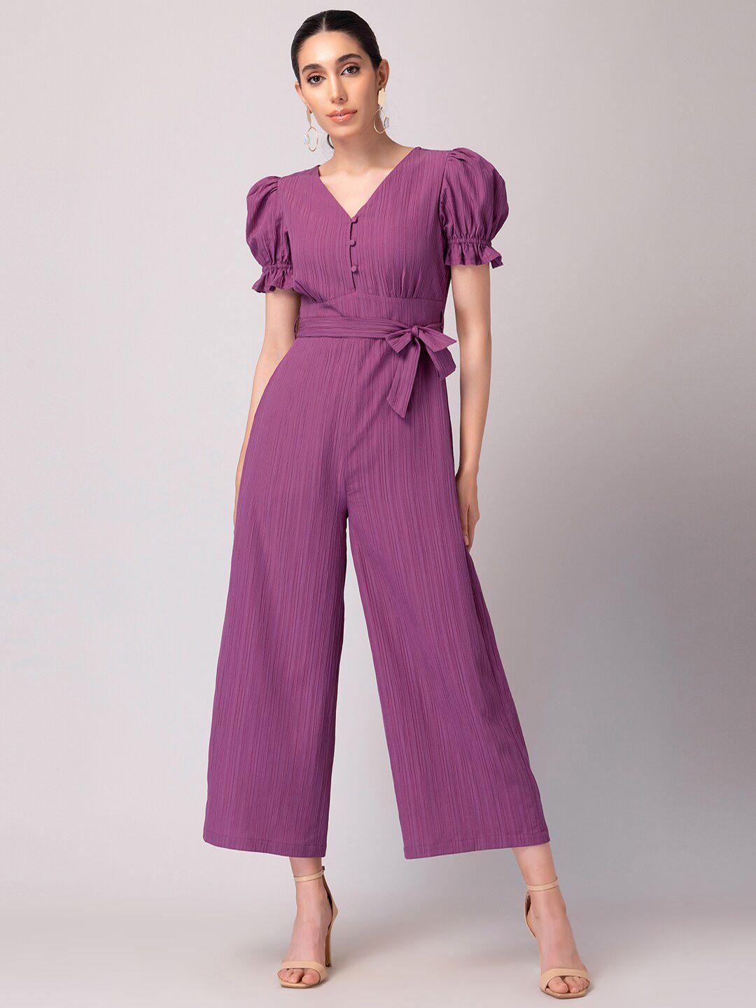 faballey puff sleeves v-neck basic jumpsuit with belt