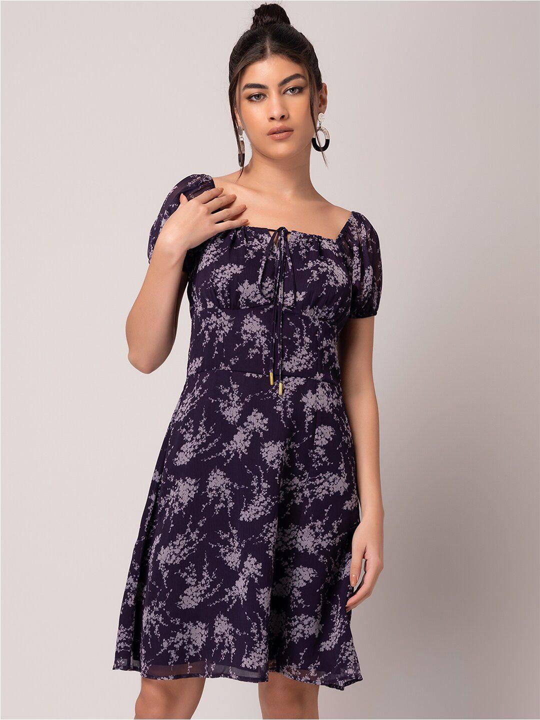 faballey purple & white abstract printed tie-up neck puff sleeve fit & flare dress