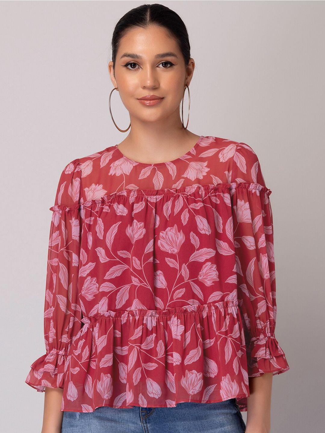 faballey red floral printed cuff sleeve georgette blouson top