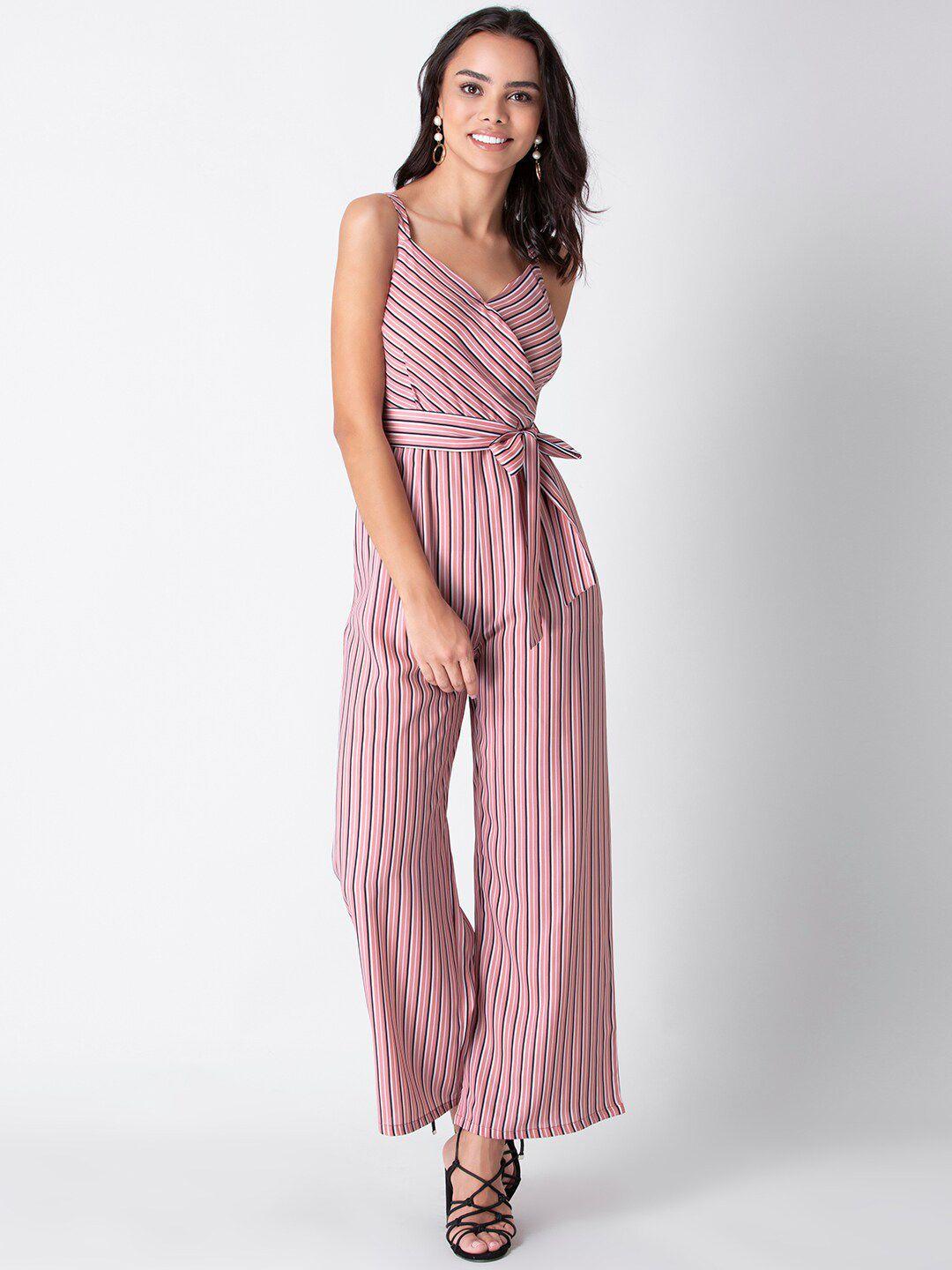 faballey striped shoulder straps basic jumpsuit comes with belt