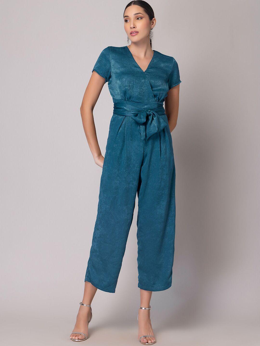 faballey teal green v-neck basic jumpsuit