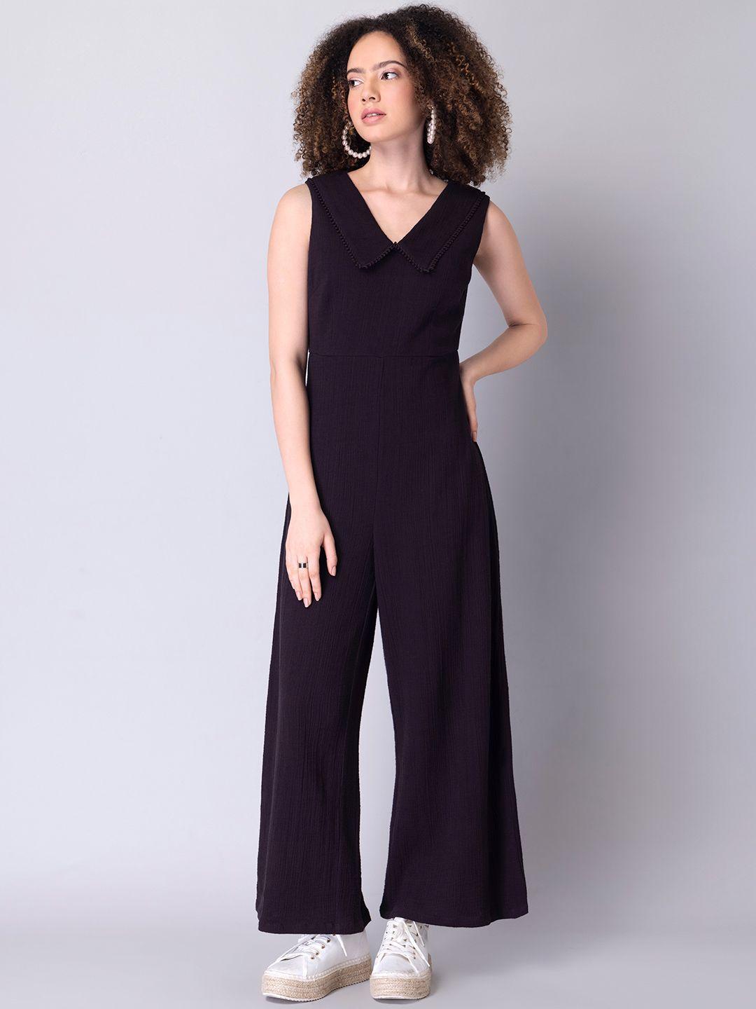 faballey v-neck collared pure cotton basic jumpsuit