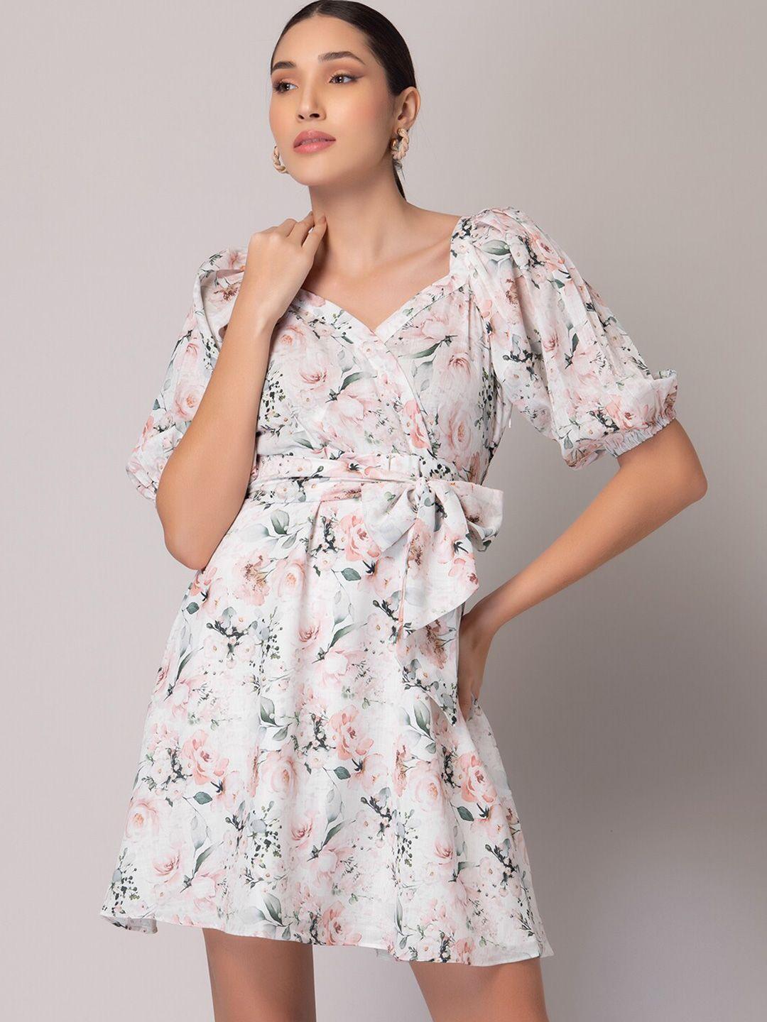 faballey white & pink floral printed puff sleeves sweetheart neck fit & flare dress