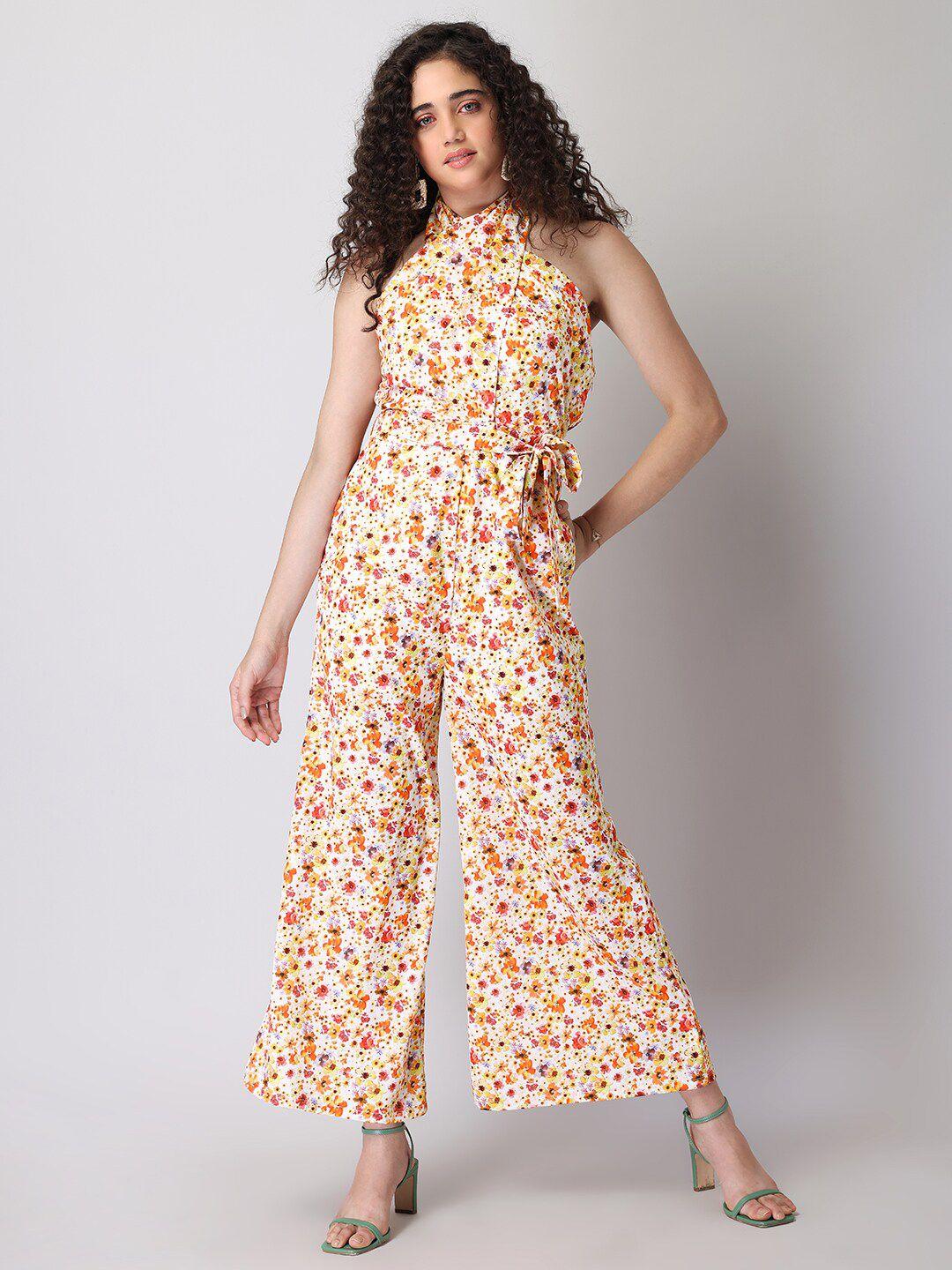 faballey white & red halter neck printed basic jumpsuit