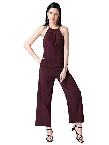 faballey wine halter lace back jumpsuit