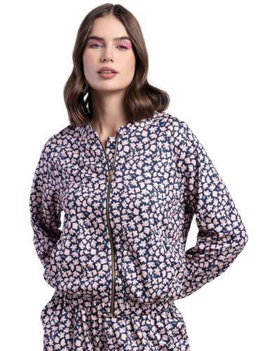 faballey women's blue printed zippered bomber jacket (jac00666 l)