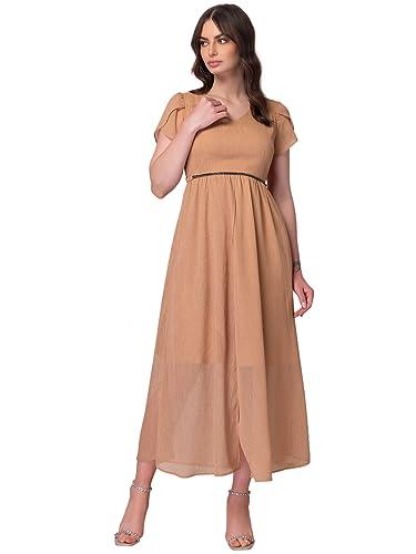 faballey women's georgette peach v-neck maxi dress with embellished belt standard length dresses (drs06550 l)