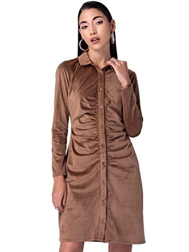 faballey women's polyester light brown velvet ruched shirt dress mini (drs05501 m)