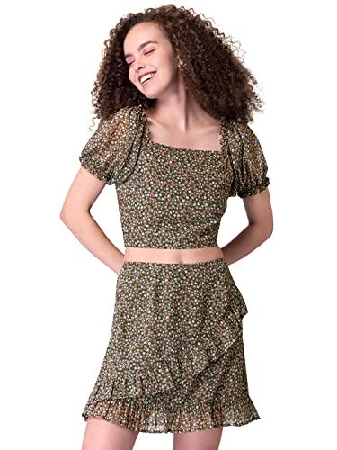 faballey women's polyester olive floral smocked top and ruffled mini skirt set above the knee co-ord (fco00265 l)